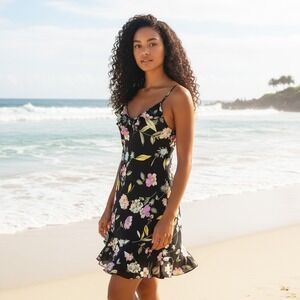 VTG Mlle Gabrielle Black Floral Ruffle Slip Dress Asymmetrical Hem 12 Y2K Fairy